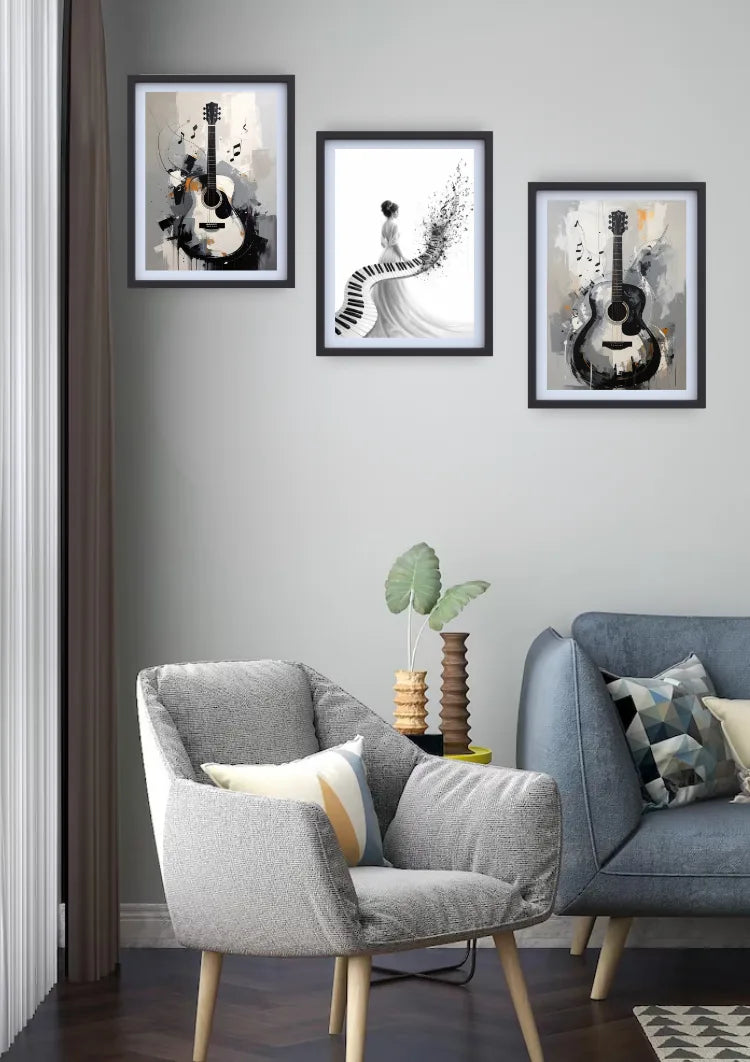 Elegant guitar and piano canvas wall art displayed in a stylish modern living room with armchair and sofa.