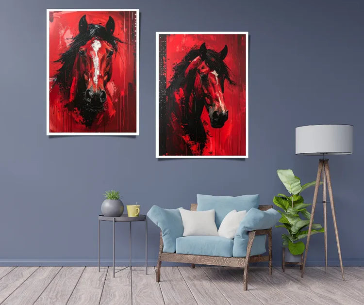 Modern horse canvas wall art set displayed in home interior