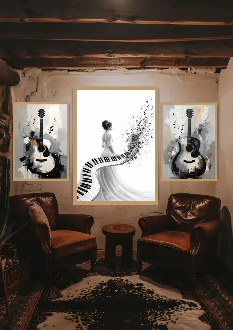 Modern black and white musical triptych canvas wall art featuring guitar and piano displayed in a rustic luxury living room.