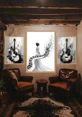Modern black and white musical triptych canvas wall art featuring guitar and piano displayed in a rustic luxury living room.