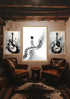 Modern black and white musical triptych canvas wall art featuring guitar and piano displayed in a rustic luxury living room.