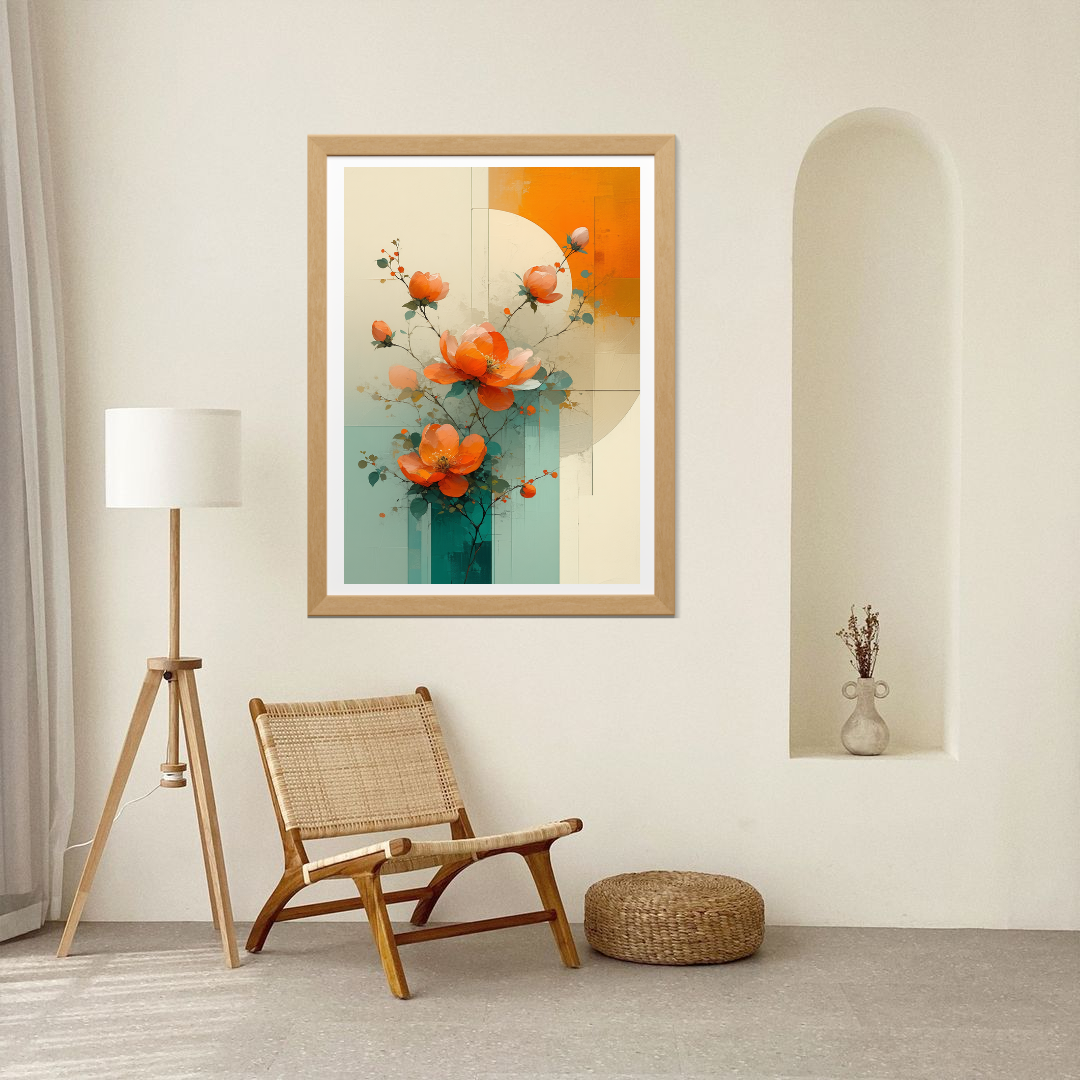 Modern orange floral canvas wall art in minimal home decor
