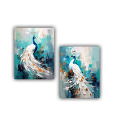 Modern peacock bird canvas wall art pair with elegant color tones