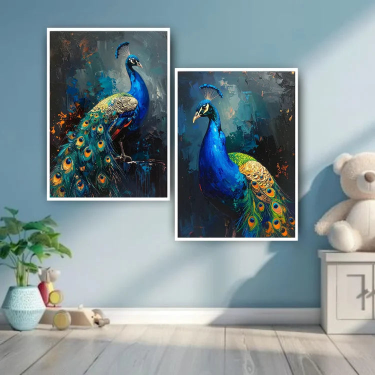 Modern peacock bird wall art canvas pair for living room interior