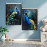 Modern peacock bird wall art canvas pair for living room interior