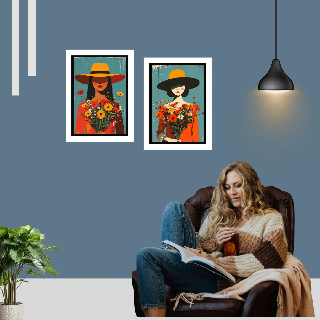Modern woman wall art canvas set of two for living room decor