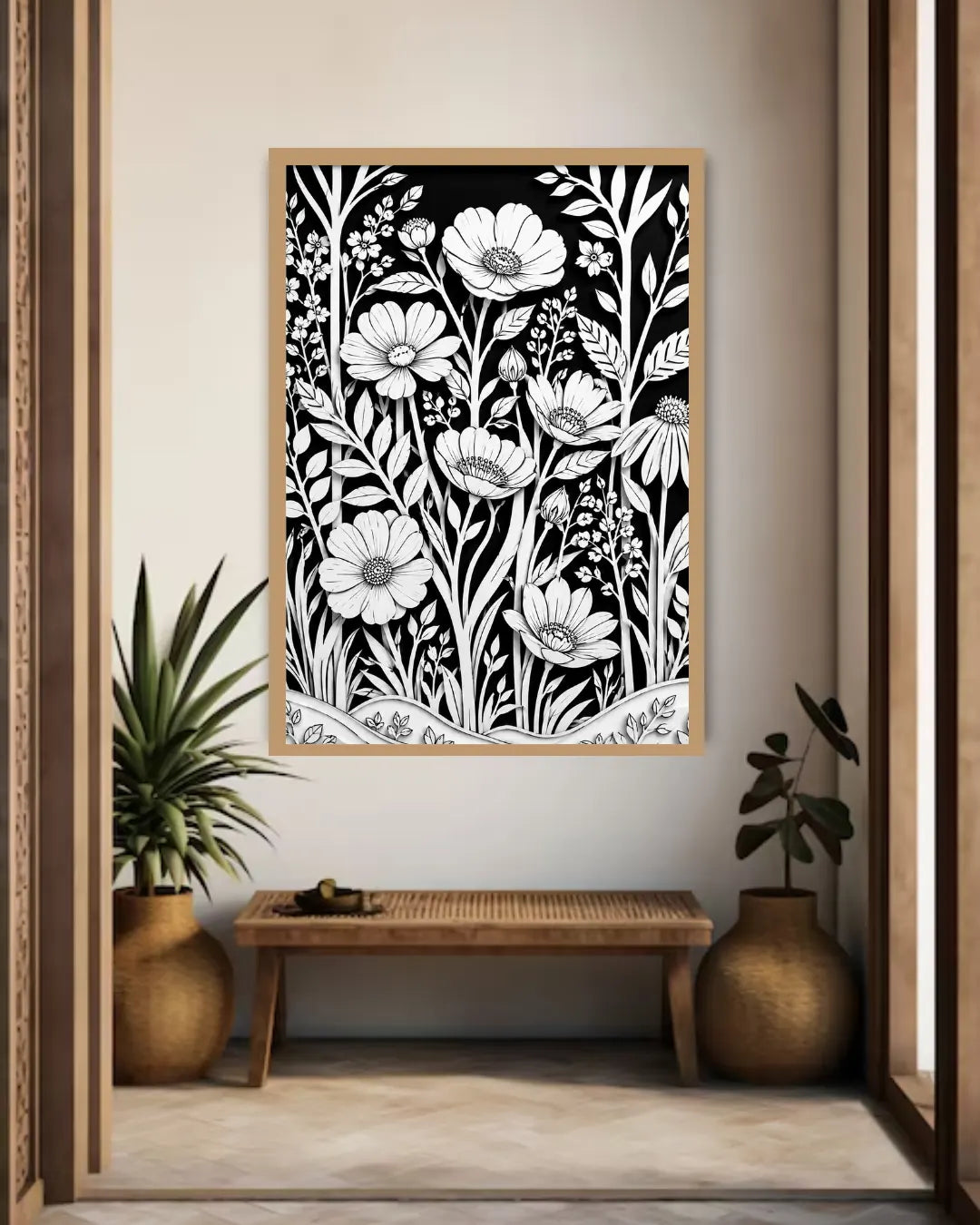 monochrome floral wall art canvas in modern living room decor