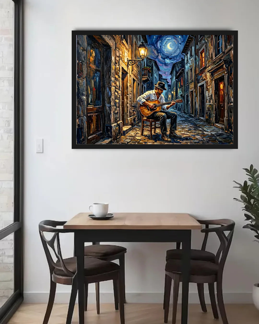 Moonlit European street café canvas wall art displayed in a modern dining room with elegant interior décor.