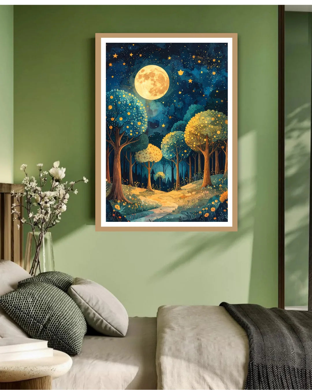 Abstract moonlit forest canvas wall art in living room