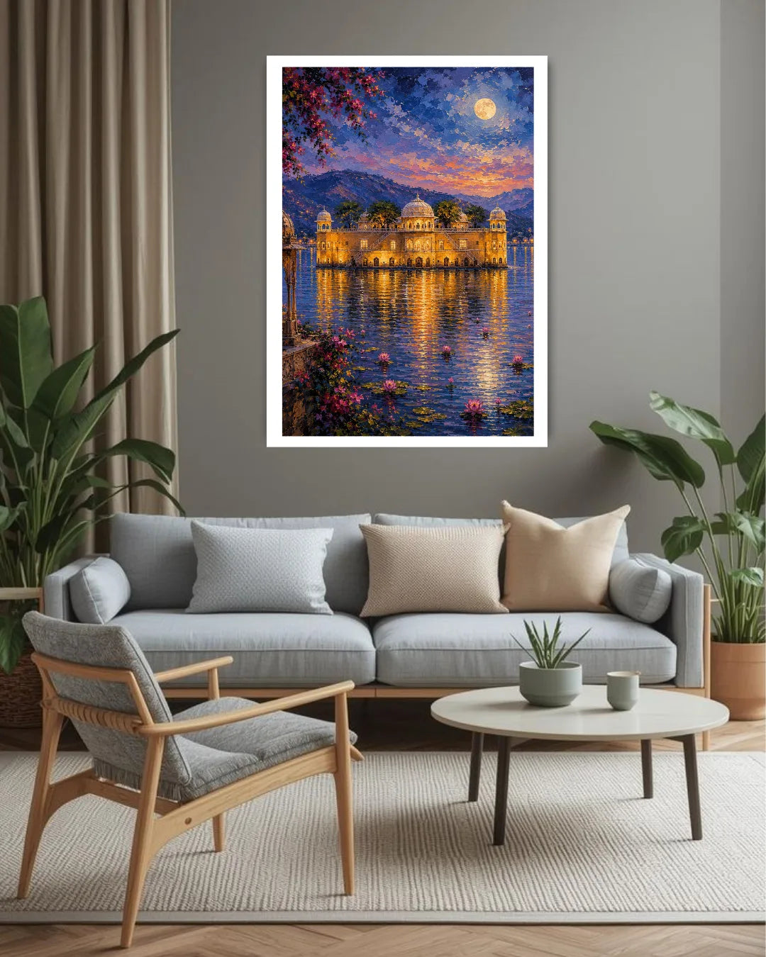 moonlit waterfront wall art canvas in modern living room decor