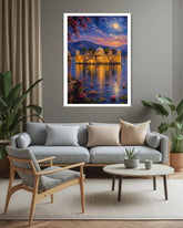 moonlit waterfront wall art canvas in modern living room decor