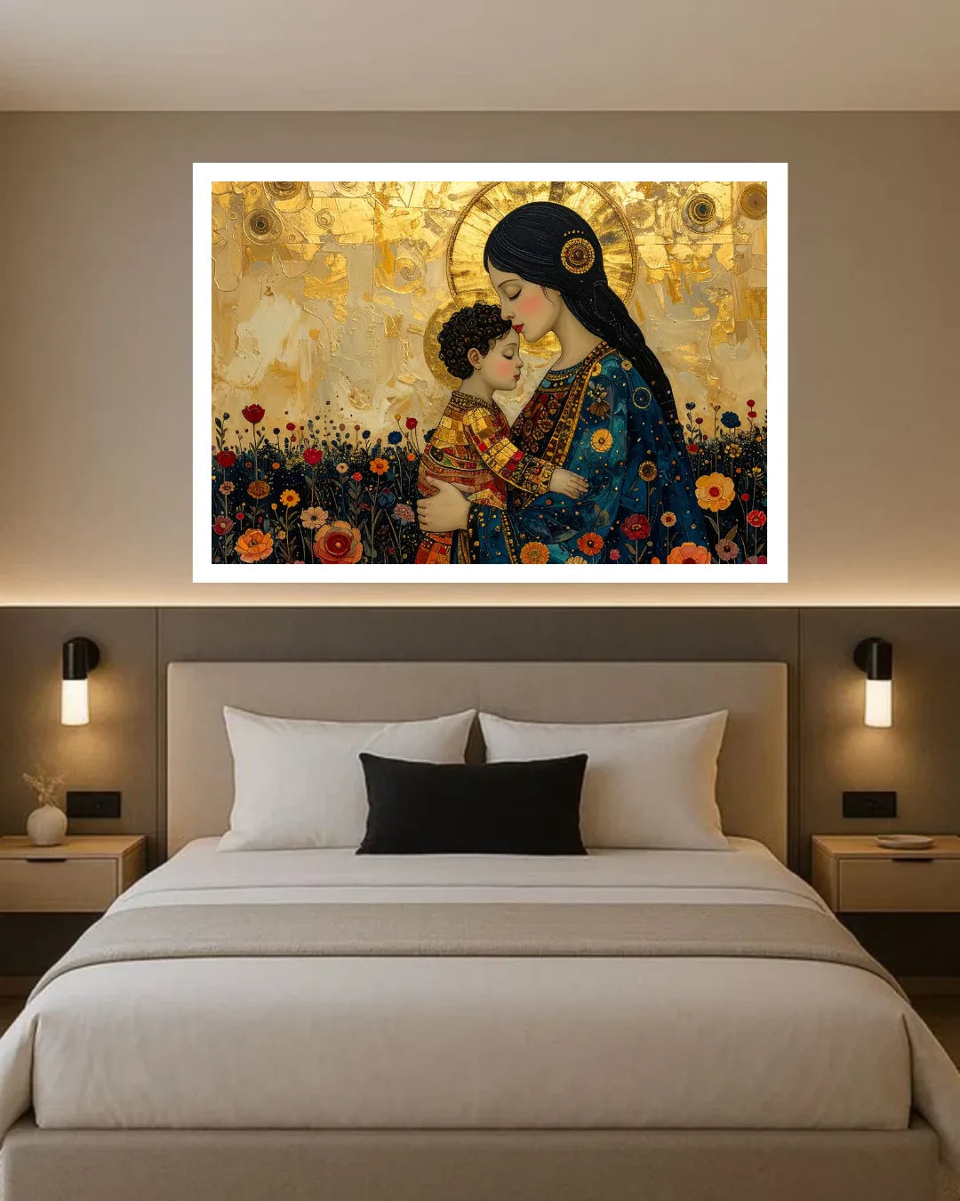 A framed wall art print depicting a mother and child in a golden, ornate scene, displayed above a neatly made bed in a modern bedroom setting.