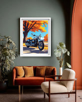 Classic motorcycle fall landscape canvas wall art

