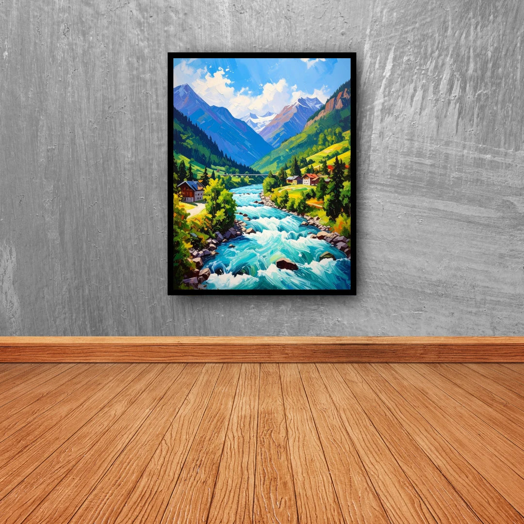 Framed painting of a mountain landscape with a river on a gray wall.