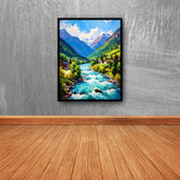 Framed painting of a mountain landscape with a river on a gray wall.