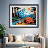 A framed art print depicting a mountain camping scene with an orange tent, pine trees, a campfire, and a blue river, displayed on a light gray wall above a modern white sofa with beige and white pillows.