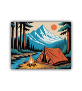 Retro landscape wall art with forest camp