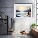 A framed landscape painting of a snowy lake and forest under a pale sky, displayed on a light gray wall in a modern interior with a spiral staircase, stool, and small plant.