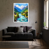 Living room with a gray sofa, round table, and a large painting of a mountain landscape on the wall.