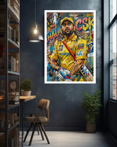 Colorful poster of a sports player in a modern room with bookshelves and plants.