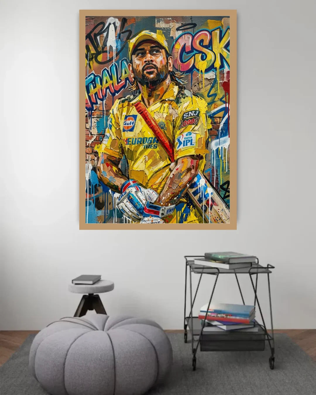 Colorful framed artwork of a sports player with a colorful background in a room setting.