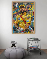 Colorful framed artwork of a sports player with a colorful background in a room setting.