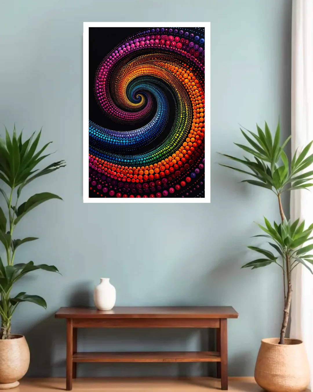 A framed wall art print featuring a vivid multicolor spiral pattern on a black background, displayed in a styled room setting above a wooden bench with potted plants on both sides.