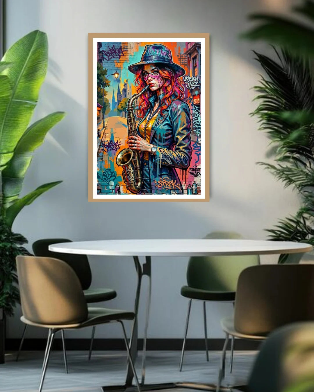 graffiti saxophone wall art canvas in modern home decor setup