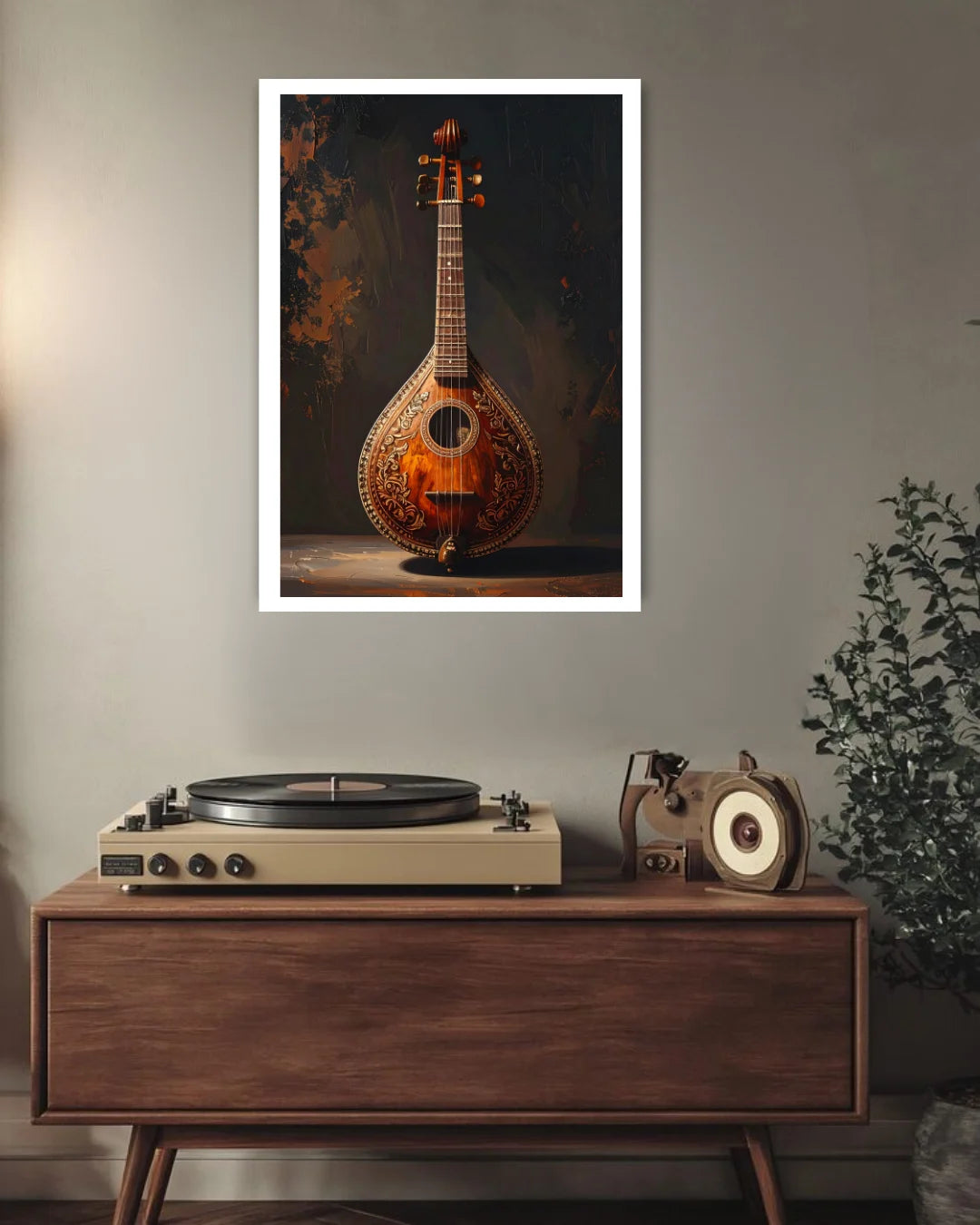 vintage musical instrument painting displayed in stylish home interior