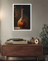 vintage musical instrument painting displayed in stylish home interior
