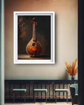 musical instrument canvas artwork displayed in cozy living room