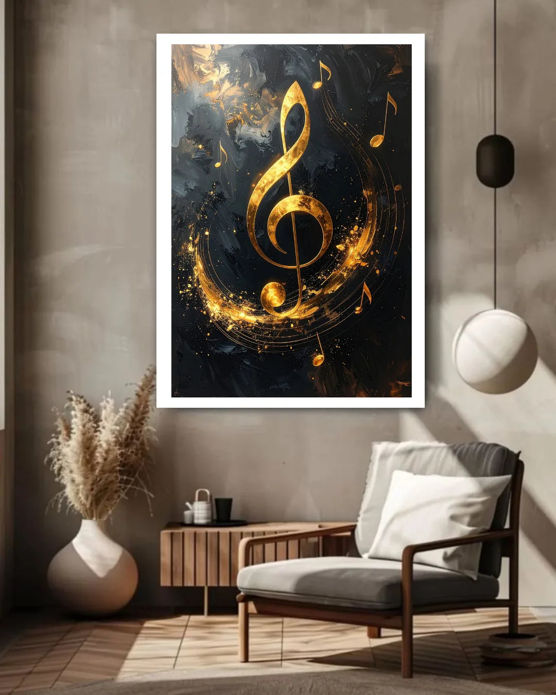 golden treble clef wall art canvas in modern living room decor