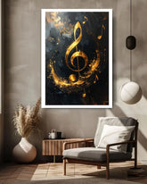 golden treble clef wall art canvas in modern living room decor