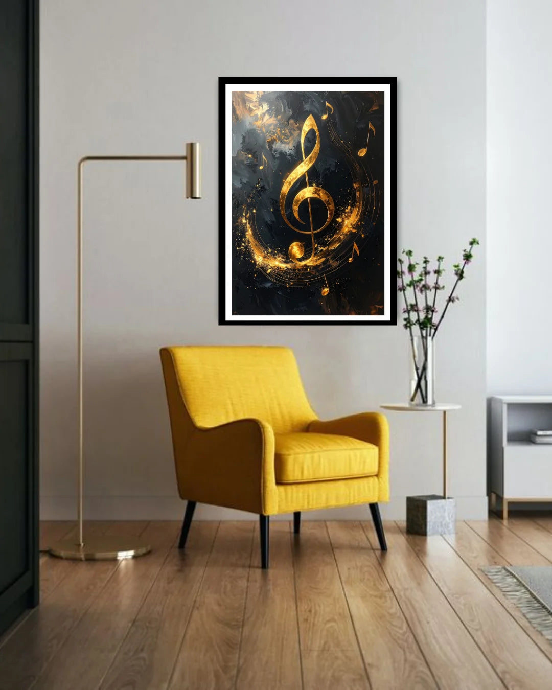 treble clef wall art canvas in music studio interior