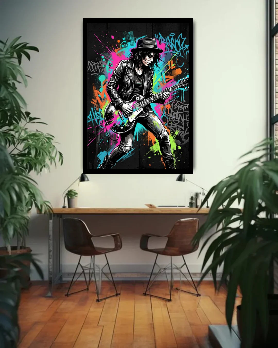 Framed artwork of a guitarist with colorful abstract elements in a room with a desk and plants.