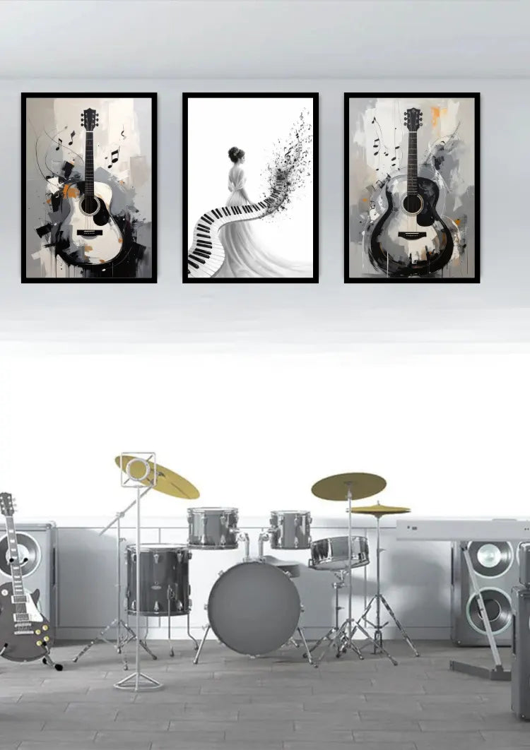 Black and white guitar and piano canvas wall art set displayed above a drum kit in a modern music studio.