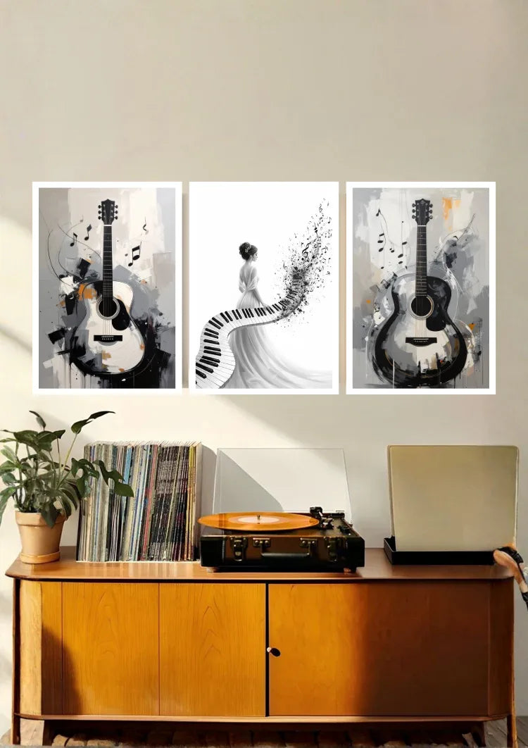 Contemporary musical canvas wall art with guitar and piano displayed above a wooden console table in a modern home.