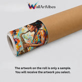 A rolled canvas print on a light gray background, showing a colorful painted portrait of a woman playing a saxophone. The roll itself is brown kraft paper, and text at the top and bottom reads &