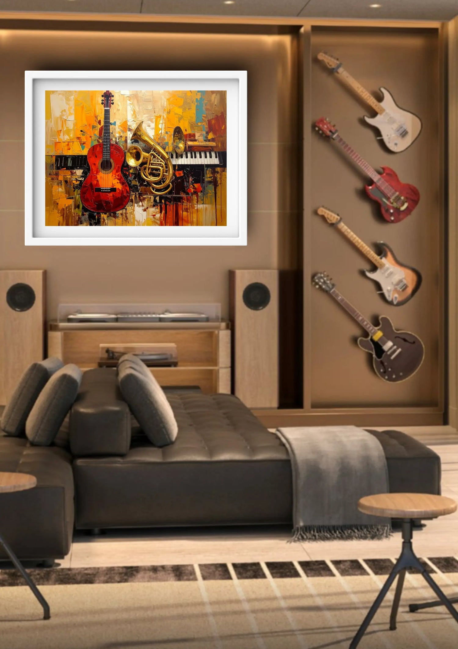 Living room with a wall art piece featuring musical instruments and guitars on display
