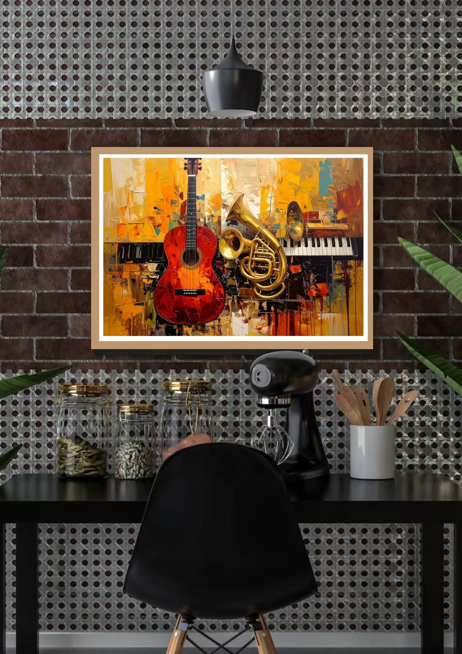 Framed abstract artwork with musical instruments on a wall above a desk.