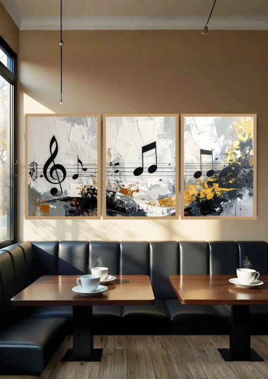 Three framed abstract wall art prints with musical notes and staff lines hang above a black leather booth in a cafe with wooden tables and coffee cups.