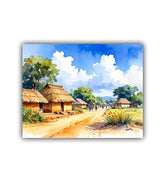 Painting of a village scene with thatched-roof houses and a dirt road.