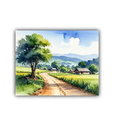 Painting of a rural landscape with a path leading to a tree and houses in the distance.