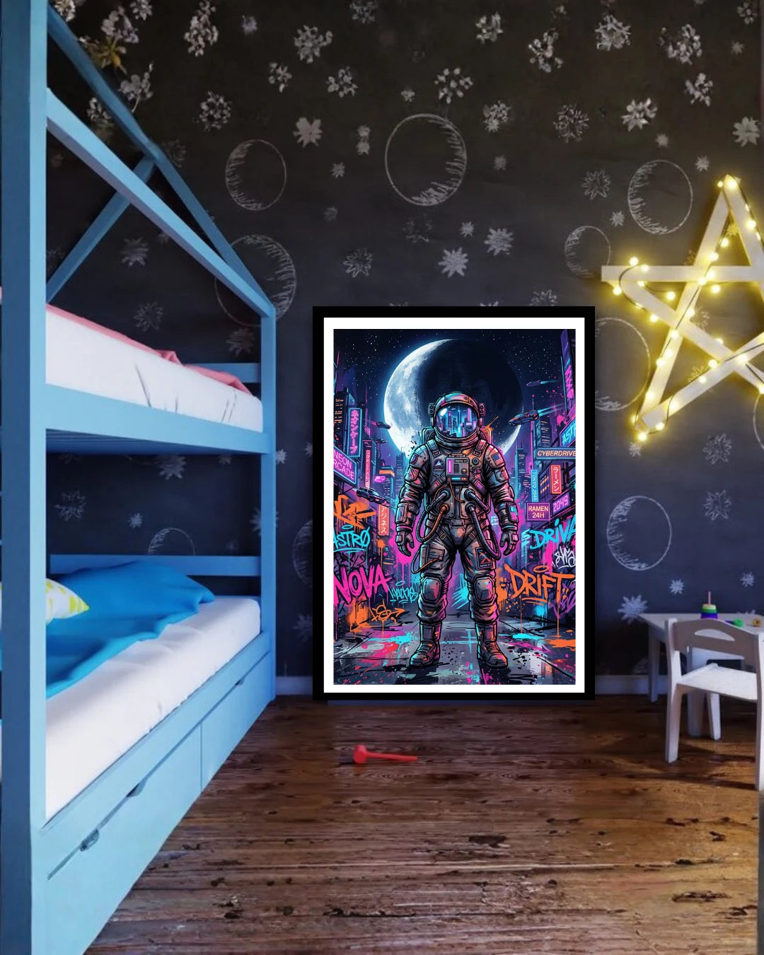 futuristic astronaut graffiti wall art canvas in gaming room decor