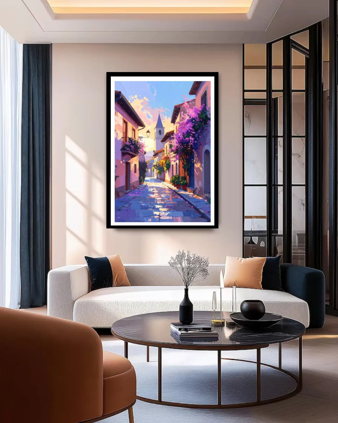 colorful neon city street wall art canvas displayed in modern living room