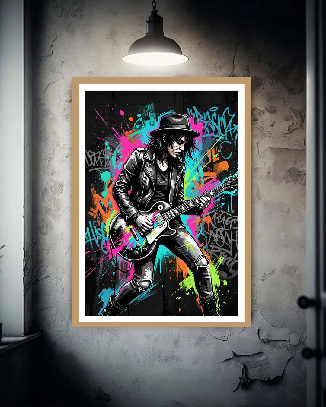 neon guitarist graffiti wall art canvas in dark modern interior