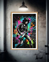 neon guitarist graffiti wall art canvas in dark modern interior