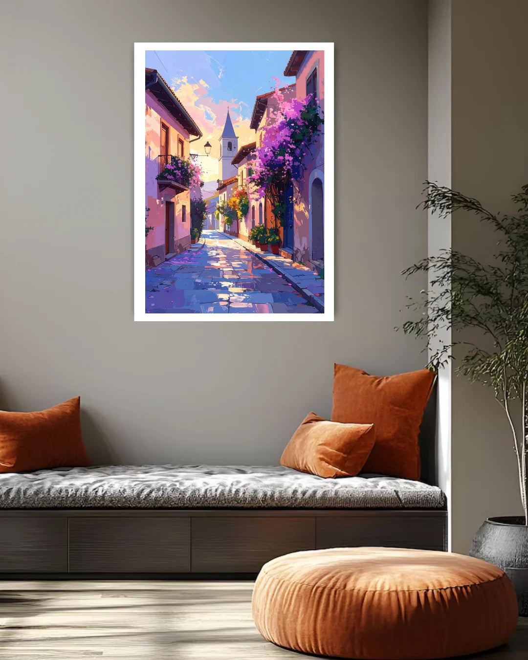 colorful urban street canvas artwork displayed in cozy living room