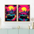 Two framed vertical art prints displayed side-by-side on a white wall above a mint green cabinet. The prints feature a vibrant, neon-stylized cyberpunk scene with a teal muscle car on a city street under a large yellow sun, with pink, purple, and blue neon reflections.
