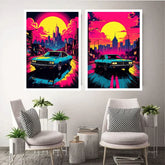 Two framed vertical art prints featuring a neon cyberpunk-style city scene with a teal muscle car, displayed side by side on a light gray wall above two modern chairs with plants.